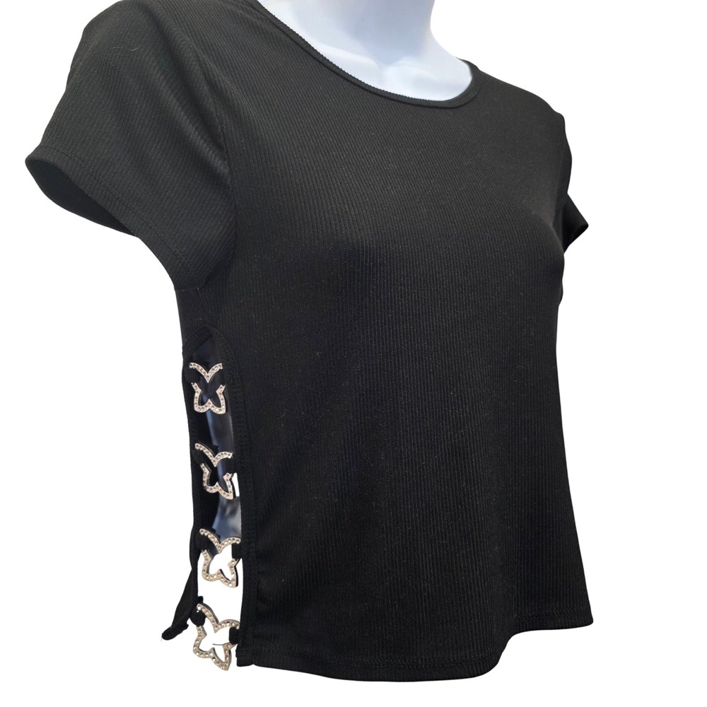 Rue21 Black Ribbed Knit Butterfly Cutout Short Sleeve Top‎ - Women's M